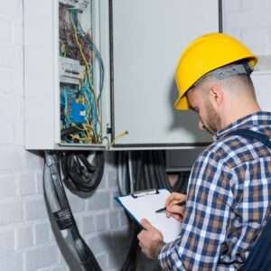 professional electrician inspecting wires in electrical box