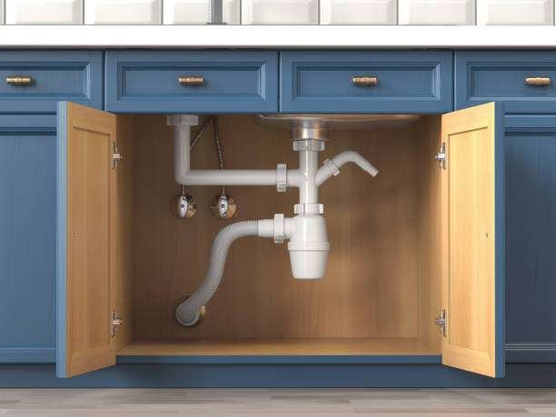 Siphon and pipes under the sink in the kitchen. 3d illustration