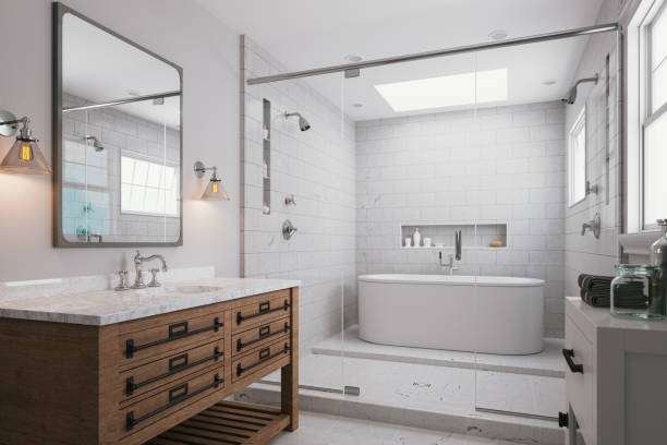 Interior of a modern luxurious bathroom with white marble.